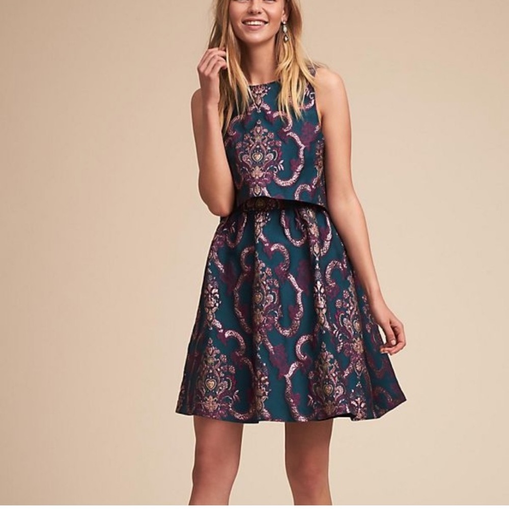 BHLDN Stowe Brocade Jacquard Metallic Teal/Purple Dress size 2